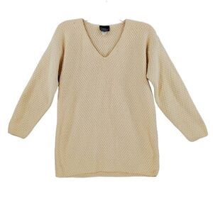 Handmade Sweater Knits Landing Ws L Cream Cotton Grandma Crochet V-Neck Vtg 90s